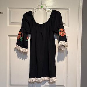 Boho Black Dress with Floral Embroidery